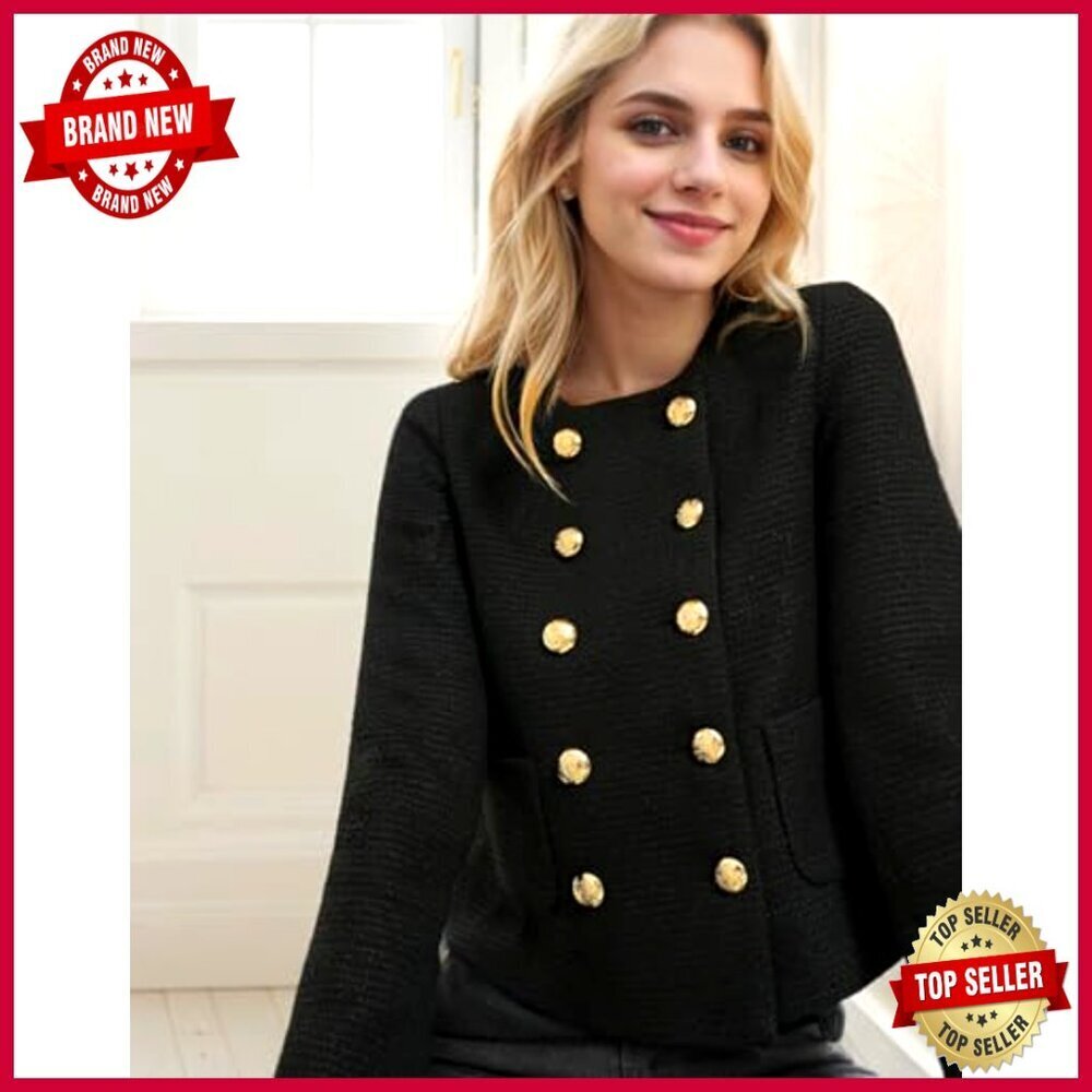 Cropped Tweed Blazer Long Sleeve Open Front Work Casual Business Jacket - Picture 4 of 6